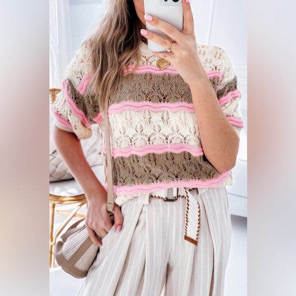 Brown Stripe Color Block Hollow Out Crochet Half Sleeve Sweater Bohemian Blouse - Picture 5 of 11